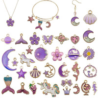 Maycreate 31Pcs Gold Plated Enamel Pendants Set Necklace Bracelet Charms For Diy Jewelry Making Charms And Crafting, Unicorn Moon Star Flower Fish Shell Pendant Kit (Purple)