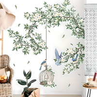 Indian Royals Tree Wall Decal Yucca Flower With Kingfishers Green Leaves Wall Art Decoration Pvc Vinyl Removable Wall Sticker (30 Cm X 90 Cm, 2Pcs)