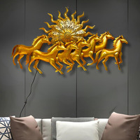 Anshika International Metal Golden 7 Running Horses With Sun Metal Wall Decor, With Led Light For Living Room, Drawing Room, And Office Decor-Size-50X2X26 Inch