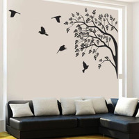 Decals Design 'Monochrome Tree And Birds' Wall Sticker (Pvc Vinyl, 60 Cm X 90 Cm, Black)