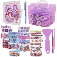 Toyshine Washi Tape Set - 100 Pcs Designer Decorative Masking Tapes With 20 Pcs Kawaii Stickers, Tweezer, Pen And Spatula In 3 Layer Box, Tapes For Diy Art & Crafts, Wrapping