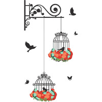 Dreamkraft Hanging Cage With Birds And Flowers Wall Sticker For Home Decor (Multicolor, Pvc Vinyl, 64 X 33 Cm) - Decorative Wall Art