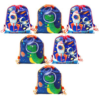 Funblast Gifting Bags For Return Gifts - Pack Of 6 Non-Woven Space & Dinosaur Print Carry Bags, Multi-Purpose Reusable Drawstring Bags (6 Pcs)