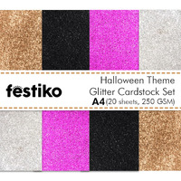 Festiko Black/Pink/Bronze/Silver Glitter Cardstock Sheets For Halloween (Pack Of 20, A4, 250 Gsm), Premium Glitter Paper For Crafts, A4 Glitter Card Stock For Diy Projects