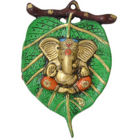 Two Moustaches Ganesha On Green Patta Wall Hanging