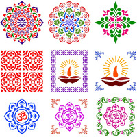 Solobolo Large Size Rangoli Stencils With 6 Rangoli Colours | Mandala Rangoli Stencil | Diwali Diya Stencil | Om Rangoli Stencil | Corner And Border Stencil | Set Of 9