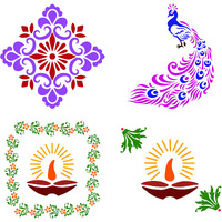 Solobolo Rangoli Kit With 6 Rangoli Colours| Peacock Rangoli Stencil | Mandala Rangoli Stencil | Diwali Diya Rangoli Stencil | Corner Rangoli Stencil | Border Rangoli Stencil | Set Of 5 | Rn503