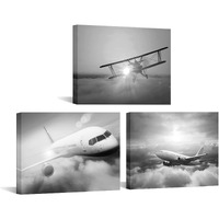 Sechars 3 Piece Black And White Plane Wall Art Airplane During Sunset Pictures Photo Giclee Print On Canvas Modern Aircraft Wall Decor For Boy Bedroom Office Living Room Ready To Hang (Small)