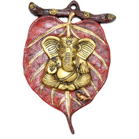Two Moustaches Ganesha On Red Patta Wall Hanging, Multicolour, Metal, Pack Of 1