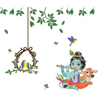 Dreamkraft Lord Krishna Playing Murli With Birds Pvc Vinyl Wall Stickers (Multicolor, 63 Cm X 92 Cm) - Spiritual Wall Dcor For Home & Kids Room