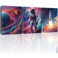 Hijie Canvas Prints: Astronaut Spaceman Planets Spaceship Wall Art, 3 Panels (11.5X15 Inches Each), Framed, Matte Finish, Space Room Boys Bedroom Living Room Playroom