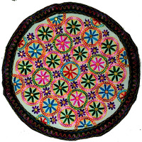 Purpledip Cotton Tapestry 'Flowers Garden': Vintage Embroidery Table Cover Or Wall Hanging (11774)