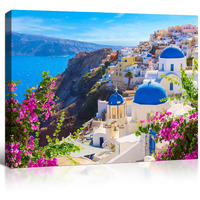 Qtespeii Modern Canvas Wall Art Santorini Island Art Prints Picture Greece Seascape Poster Blue Churches Wall Decor Ready To Hang For Living Room Bedroom Home Kitchen Decoration - 12"X16"