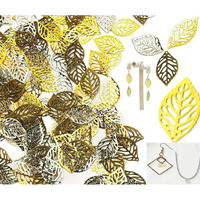 Diy Crafts 10X, Gold, Ize 21.8 Mm X 7.8Mm Brass Metal Leaf Charm Pendent Hollow Leaf Charms Ornaments Metal Leaf Crafts Pendant For Jewelry Making Metal Material Filigre (10X, Gold)