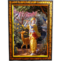 H And N Creations - Bhagwan Shree Krishna Photo Frame | Enchanting Flute In Vrindavan | Golden Marble Wooden Frame | Spiritual Wall Art, Divine Home Dcor, Religious Gift (9.5 X 13 Inch)