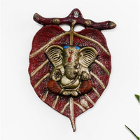 Decortwist Metal Lord Ganesha On Red Leaf Wall Hanging Sculpture Decorative Religious Showpiece For Home Wall Decor Pooja Room Temple And House Warming Gift Purpose