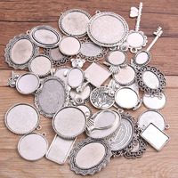 Diy Crafts 25 Antique Pierced Mixed Size 5-200 Style Cabochon Base Setting Charms Pendant, Pack Of 25 25X1, Antique (Silver)
