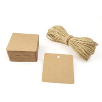 Townbus 50 Nos Of Double Sided Blank Craft Brown Hang Tags With String For Return Gifts | Plain Price Tags With Jute Rope | Thread | D5 - Square