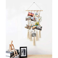Vah Wood Photo Display Macrame Wall Hanging Pictures Organizer With Clips - Macrame 5 Line With Led Light