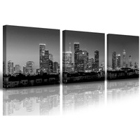 Houston Skyline Wall Art - Black And White Cityscape Panoramic Texas Texans Pictures Print On Canvas Decoration 3 Panel For Living Room Bedroom Office Bathroom Home Decor Stretched And Framed
