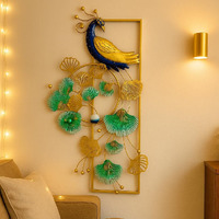 Anshika International Decorative Metal Peacock Wall Art, 3D Floral Design With Gold Frame, Turquoise And Yellow Flowers, Modern Home Decor