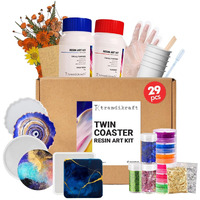 Trendikraft 29Pcs Diy Three Coaster Epoxy Resin Art Materials Kit With Dry Flowers For Making 3 Coasters With Silicone Moulds, Glitters, Flakes, Color Pigments & More (2:1 Resin To Hardener, 150Gm)