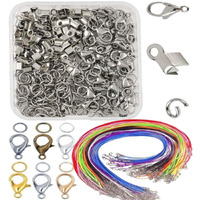 Diy Crafts 1 Set, Silver, 1X Set Contain:- 10X Fold Over Crimp Cord Ends & 5X Lobster Claw Clasps & 50X Jump Rings Terminators Clamp End Tips For Leather Ribbon E (1 Set, Silver)