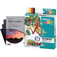 Hauser 2 In 1 Art Bonzo & Write Nib Water Color Pens With 6"X6" Colorissimi Paper Combo Pack | Set Of 12 Shades Water Color Pens & Set Of 10 Sheets 220 Gsm Colorissimi Paper (Nero/Black)