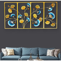 Rsn Metal Wall Art Decor, 4-Panel Floral Design With Blue And Yellow Flowers, Contemporary Home Decorative Wall Panels