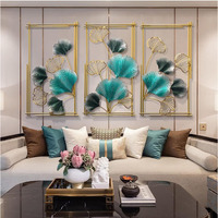 Rsn Metal Metal Leaf 3-Panel Wall Art, Turquoise And Gold Ginkgo Leaves Design, Decorative Wall Hanging For Living Room