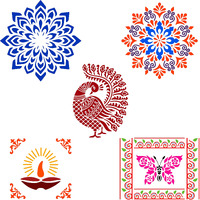 Solobolo Peacock Rangoli Stencils With 6 Rangoli Colours | Mandala Rangoli Stencil | Diwali Diya Stencil | Butterfly Rangoli Stencil | Corner Rangoli Stencil | Border Rangoli Stencil | Set Of 7