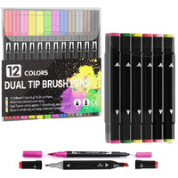 Corslet Set Of 24 Pcs -12 Pcs Dual Tip Brush Pens 12 Shades & 12 Pcs Alcohol Markers Set Sketch Colour Fineliner Calligraphy Brush Pen Brush Sketch Pen For Coloring Drawing Sketching Drawing Colours