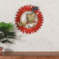 Pedex Gold Metal Multicolor Krishna Playing Basuri Round Frame Wall Hanging For Home Decoration Decor, Wall Sculpture For Hall Living Room, Bedroom