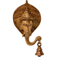 Purpledip Brass Antique Finish Ganesha Head With Bell Wall Hanging (10768B)
