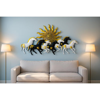 Pranjals House Decorative Metal Wall Art, 7 Running Horses With Sun Design, Black And White With Gold Accents, Modern Home Wall Decor Size-38 * 20 Inch