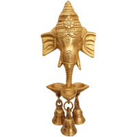 Guru Jee Handmade Brass Statue Lord Ganesha Wall Decor Sculpture Ganesha Face Wall Hanging Puja Idol With 3 Diyas Oil Lamps And Small Bells