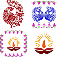 Solobolo Peacock Rangoli Stencil With 6 Rangoli Colours| Stencil Of Peacock For Rangoli | Happy Diwali Diya Decoration Rangoli Stencil | Border Rangoli Stencil | Set Of 3 | Rn303