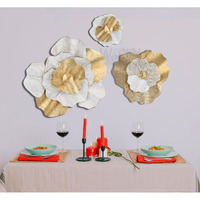 Dewogift Metal Wall Decor/Gilded Petals Trio Metal Wall Art/Metal Wall Decoration Items For Living Room/Office/Bedroom/Hall/Hotel/Set Of 3 / White &Gold (24,18&12 Inches)