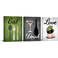 Canvas Set Of 3 Green And Grey Modern Kitchen And Dining Room Wall Art Home Decor Abstract Eat Drink Love Theme Canvas Prints Pictures Framed Artwork For Coffee Bar Restaurant Cafe Ready To Hang