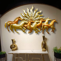 Rsn 7 Running Horses With Sun - Metal Wall Decor, With Led Light For Living Room, Drawing Room, And Office Decor-Size-50X2X26 Inch