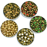Embroiderymaterial 4 Mm Flat Back Round Kundan Stone Beads For Craft, Embroidery Work, Jewellery Making, Bangles Making Combo Of 5 Colors (500 Pieces, Creamy Gold, Silver, Gold, Green & Red)