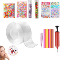 Nano Tape Kit - 27 Pcs Diy Bubbles Set With Glitter Flakes, Stars, Straw For Balloon, Double Sided Ivy Grip For Walls - Washable Reusable