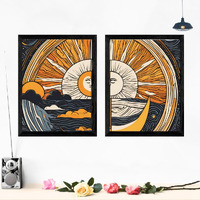 Casabonica Boho Decor Wall Posters|Sun And Moon Bohemian Wall Frames|Framed Posters|Wall Posters With Frame For Office, Home, Bedroom, Living Room|Set Of 2 | Size - A3