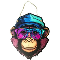Caru Craft Wooden Wall Hanging For Home Decor | Wood Decorative Items | Gifts | Wall Art For Music Room, Caf, Restaurants & Office (Monkey Face Blue Cap)