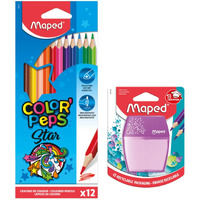Maped Colour Pencil Kit|12 Colour Pencils & One Sharpener|Two Hole Sharpener|Vibrant Colours & Smooth Texture| Non-Toxic And Safe|Colour Pencils | Easy Sharpening | Ideal For Kids, Students & Atrists