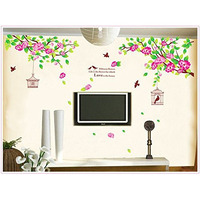 Indian Royals Large Pink Hibiscus Flower Bird Cage Wall Sticker For Living Room - Floral Nature Decor (90 Cm X 60 Cm)