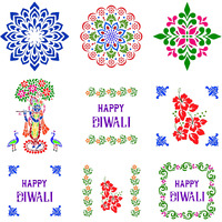 Solobolo Large Size Rangoli Stencils With 6 Rangoli Colours|Mandala Rangoli Stencil | Happy Diwali Stencil | Flower Rangoli Stencils | Corner And Border Rangoli Stencil | Set Of 9