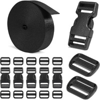 Shopee Buckles And Straps Set 1": 5 Meter Of Thick Nylon Webbing, 6-Pack Heavy Duty Adjustable Quick Side Release Plastic Buckles, 12 Tri-Glide Slide Clips, Black (1-Inch Combo Set)