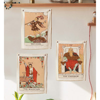 Sheetkart Cotton Tarot Flag Tapestry The Fool, The Magician And The Emperor Bohemian Printed Hand Made Wall Hanging Tapestries With Steel Grommets (Beige, 20 X 16 Inches) - Pack Of 3
