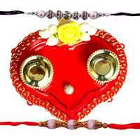 Gift World Multi Colour Combo Of 2 Rakhi Set For Brother/Pearls Rakhi Set With Red Decorative Plate/Thread Rakhi Set For Bhaiya/Bhabhi (2 Set Rakhi With Plate)